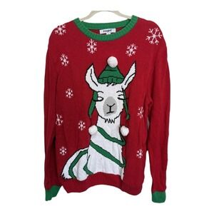 Ugly Christmas Sweater Llama Hat Red Green Cotton Blend Size Large Holiday
